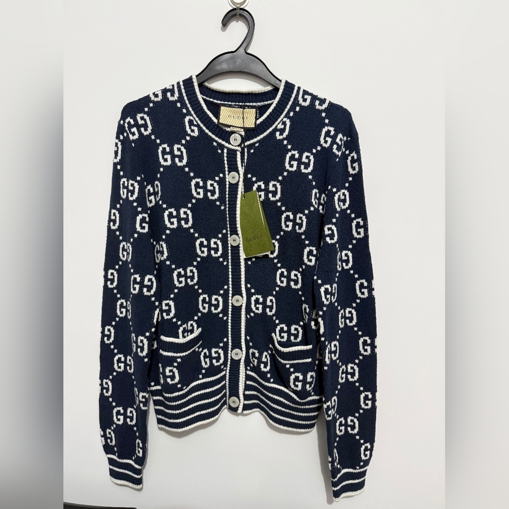 Gucci Navy Blue GG Jacquard Knit Cardigan